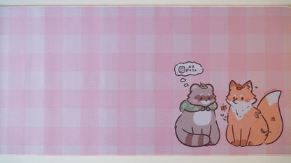 tanuki & kitsune pink plaid deskmat