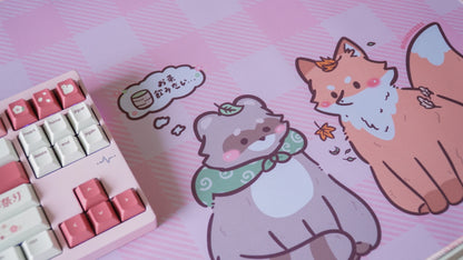 tanuki & kitsune pink plaid deskmat