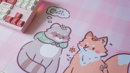 tanuki & kitsune pink plaid deskmat