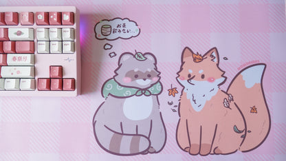 tanuki & kitsune pink plaid deskmat