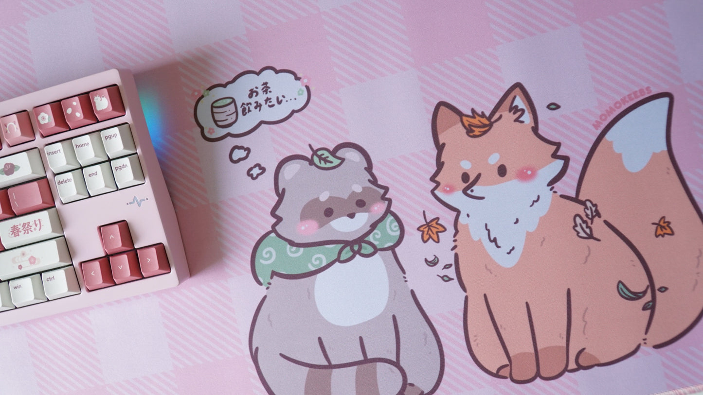 tanuki & kitsune pink plaid deskmat