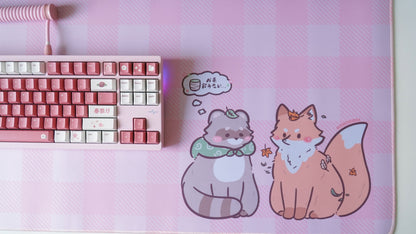 tanuki & kitsune pink plaid deskmat