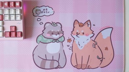 tanuki & kitsune pink plaid deskmat
