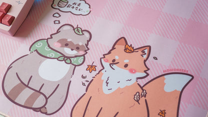 tanuki & kitsune pink plaid deskmat