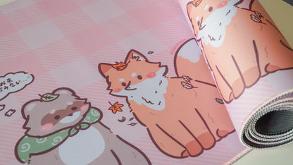 tanuki & kitsune pink plaid deskmat